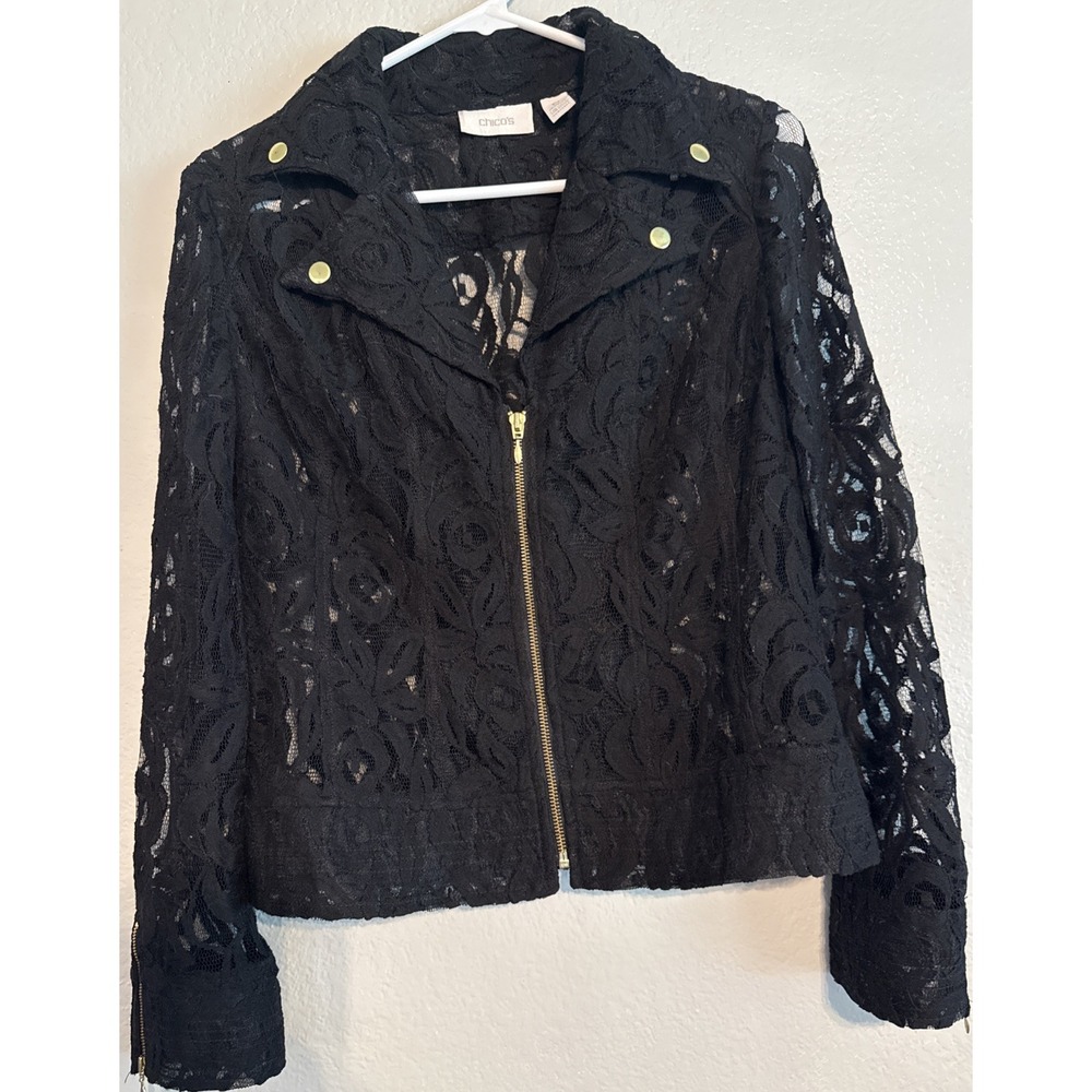 Chico's Black Floral Lace Moto Jacket Size 0 XS/S Sheer Full Zip Gothic